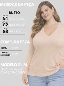 Women's Plus Size Long-Sleeved Blouse With A V-Neck And Regular Fit, Made From Soft, Highly Stretchy Fabric, With A Comfortable Regular Hem. - 裸體 - 查看 2