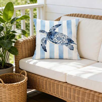 1pc Fresh Ocean Style Sea Turtle Pillow Cover, Blue & White Striped Printed Cushion Cover For Living Room Sofa Decor, Single-Sided Printing Design, Pillow Insert Not Included