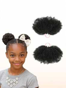 Bộ 2 dây buộc tóc đuôi ngựa cho bé gái, búi tóc xoăn bồng bềnh, phù hợp cho bé gái, dây buộc tóc tổng hợp màu đen tự nhiên, phụ kiện tóc. - màu đen - Xem 2