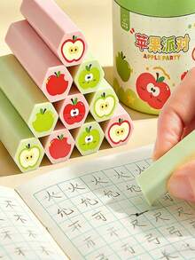 6/12个装苹果派对可爱卡通六角橡皮擦，六角形设计，易于抓握，不易从桌面上滚落，柔软耐用，适合日常使用，学生适用。 - Eraser - 查看 6