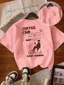 Áo thun ngắn tay cổ tròn in hình Coffee Club, phong cách thường ngày mùa xuân/hè. - Hồng - Xem 6