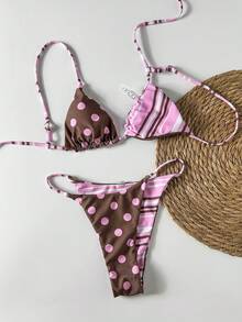 女士比基尼泳衣，条纹、波点、纯黄色，双面可穿休闲泳装，夏季海滩度假装，优雅女士度假派对都市海滩波西米亚风2023春夏泳装 - 咖啡粉 - 查看 3