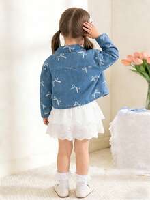 Áo khoác denim cho bé gái 4-7 tuổi, áo khoác denim, áo khoác in họa tiết nơ, áo denim cổ bẻ, áo khoác thường ngày, màu xanh nhạt, dáng rộng, thoáng khí dùng hàng ngày ngoài trời - Màu xanh lam - Xem 8