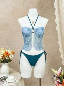 新款性感花卉印花网纱拼接串珠三件套比基尼，吊带泳装，适合春夏假期在海滩、游泳池和派对穿着 - 孔雀綠 - 查看 7