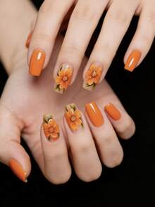 24pcs Summer Vibrant Orange Flower Nail Art, Gentle Transparent Nude Color Detachable False Nails - Orange - View 3