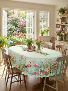 1pc Tropical Flamingo Hibiscus Print Round & Rectangle White Tablecloth, Summer Beach Vacation Style Premium Polyester Waterproof Stain Resistant Oil-Proof Dust-Proof Washable Reusable Spring Summer Tablecloth For Home Decor, Kitchen Wedding, Wedding Table, Centrepiece Room Decor, Vintage Decor - Multicolor - View 10