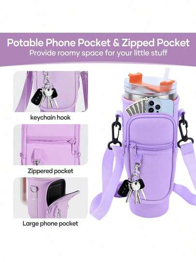 Funda de botella de vidrio de 40 onzas, funda aislante para botella, funda de botella de espuma amortiguadora, cubierta protectora para portavasos de automóvil, con correa ajustable para el hombro tipo bandolera, adecuada para viajes al aire libre, fitness y uso diario. Bolsa para botella de agua con bolsillo para teléfono, se ajusta a botellas de vidrio de 40/30 onzas, con asa, correa ajustable y llavero, adecuada para senderismo, camping, deportes, etc. Funda aislante para botella de agua, bolsa bandolera para botella de agua, esencial para viajes, cruceros, viajes de verano, portador de botella de agua para fitness