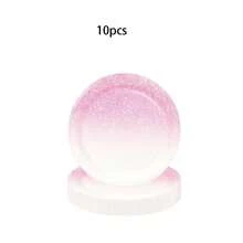 10 Stücke/20 Stücke/50 Stücke/80 Stücke rosa Farbverlauf Glitzer Papier Geschirr, rosa Pappteller & Becher 6,5" Servietten - 9" Speiseteller und 7" Dessert Teller, Partyzubehör geeignet für Hochzeit, Bridal-Shower, Geburtstagsfeier Dekoration, unisex - Rosa Farbverlauf - Übersicht 10