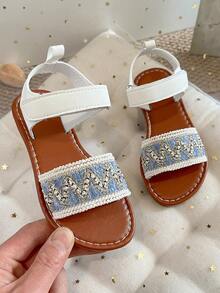 1 Pair 2026 New Girls' Knitted Pattern Open Toe Flat Sandals, Breathable. Lightweight And Secure Fit, Suitable For Girls' Daily Wear In Summer And Various Occasions. - Dusty Blue - View 2