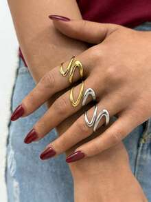 Uself 3pcs/1pc Stainless Steel Geometric Design Open Rings, 18K Gold PVD Coated Smooth Metal Personalized Waterproof Jewelry Gift For Women - Multicolor - View 3