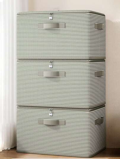 1 pieza Caja de almacenamiento plegable con rayas verdes y cremallera, organizador de ropa de gran capacidad, almacenamiento y organización del hogar, estilo minimalista, material no tejido, forma rectangular, con asas reforzadas y doble cremallera, función antipolvo y ahorro de espacio, para armario/dormitorio/armario, minimalista y práctico, para adultos/familias/inquilinos, regalo de inauguración de la casa