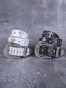 & Rhinestones Embellished Metal Western Cowboy Style Belt, Fashion Street Style, Summer, School Fall, Autumn, Halloween CIL6 - màu đen - Xem 10