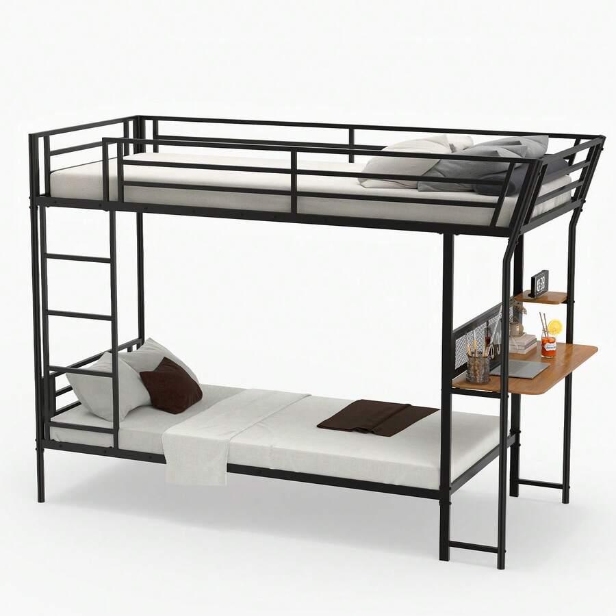 GOFLAME Metal Bunk Bed With Desk, Single Over Single Loft Bed With Wooden Tabletop & Shelf, Safety Guardrail & Ladders, No Box Spring Needed, Space Saving Bed For Apartments, Small Spac - Black - View 1