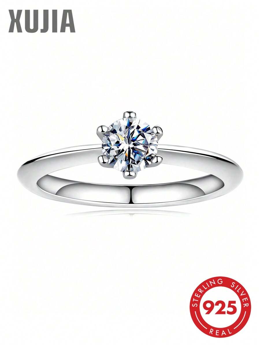 XUJIA 1枚0.5克拉莫桑石戒指，女士款式，D色，VVS1净度，5毫米圆形，完美切割，925纯银经典六爪镶嵌，银婚纪念戒指，结婚珠宝礼物