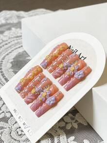 10入特長款奢華3D花朵水鑽線條壓克力美甲貼片，適合女生，適用於手部、度假、度假穿搭、畢業、節日、婚禮、派對 - 珊瑚橙 - 查看 3