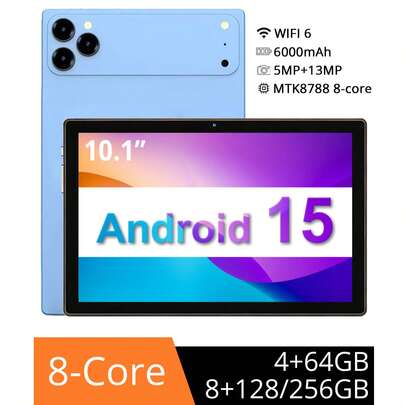  Qetupa 10.1インチ Android 15 タブレット、4GB RAM + 64GB ROM / 8GB RAM + 128GB ROM / 8GB RAM + 256GB ROM (1TB SDカードで拡張可能)の3つのストレージオプションから選択可能。MTK8788 オクタコア 2.0GHz プロセッサ、(1280x800) IPSタッチスクリーン、500万画素フロントカメラと1300万画素リアカメラ、6000mAhバッテリー、Bluetooth 5.2、802.11ax Wi-Fi 6、GPS、Type-Cチャージングポート搭載。SIMカードには非対応 - 軽量、ポータブル、耐久性に優れ、ビジネスプロフェッショナルや学生に最適な選択肢です。