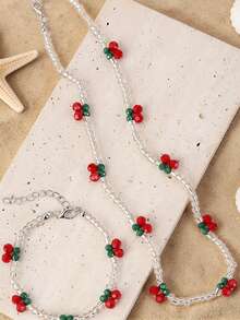 Bộ 2 món trang sức vòng tay và dây chuyền hạt thủy tinh hình quả anh đào dễ thương, thời trang, thích hợp cho phụ nữ đeo hàng ngày, quà tặng Ngày của Mẹ, quà tặng bạn thân, quà nghỉ hè, quà đi biển. - Nhiều màu - Xem 2