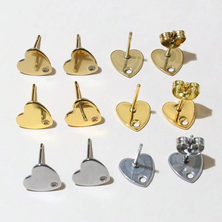 20pcs 8mm Heart Shape Stainless Steel Stud Earring Pins With Earring Stoppers DIY Earrings Jewelry Making Accessories - Gold - View 1