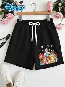 Disney Official Authorization | Women's Casual Shorts. Featuring A Print That Brings Together Multiple Princesses, Including Classic Characters Like Snow White, Elsa, And Merida, Along With A Dreamy Castle And Mickey Mouse Balloon Elements. This Lightweight, Mid-Length Summer Beach Short Is Suitable For Fans Of All Ages, Perfect For Vacations, Outings, And Daily Casual Wear. - 黑色 - 查看 1