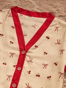 3pcs/Set Women's Comfortable Loose Cherry Pattern Bow Print Pocket Front Button Short Sleeve Shorts & Pants Pajama Set, Spring/Summer - Beige - View 3