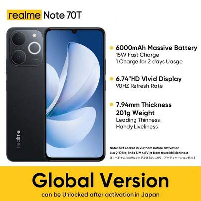 Realme Note 70T 4G 无锁智能手机，4GB+64GB/4GB+128GB/4GB+256GB 全球版，4G LTE，Android 15 操作系统，5000 万像素 AI 摄像头，90Hz 显示屏，轻薄便携，6000mAh 电池，15W 快充，八核处理器，不含适配器