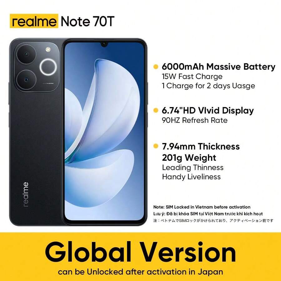 Realme Note 70T 4G Unlocked Smartphone, 4GB+64GB/4GB+128GB/4GB+256GB Global Version, 4G LTE, Android 15 OS, 50MP AI Camera, 90Hz Display, Lightweight & Portable, 6000mAh Battery, 15W Fast Charging, Octa-Core Processor, Adapter Not Included