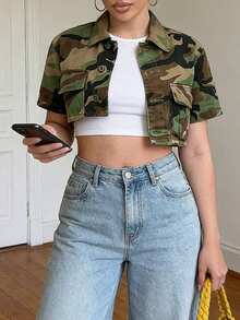 Women's Camo Print Short Sleeve Denim Jacket, Lapel Design, Asymmetric Hem, Buttons And Pockets, Essential For Spring - Khaki - View 3
