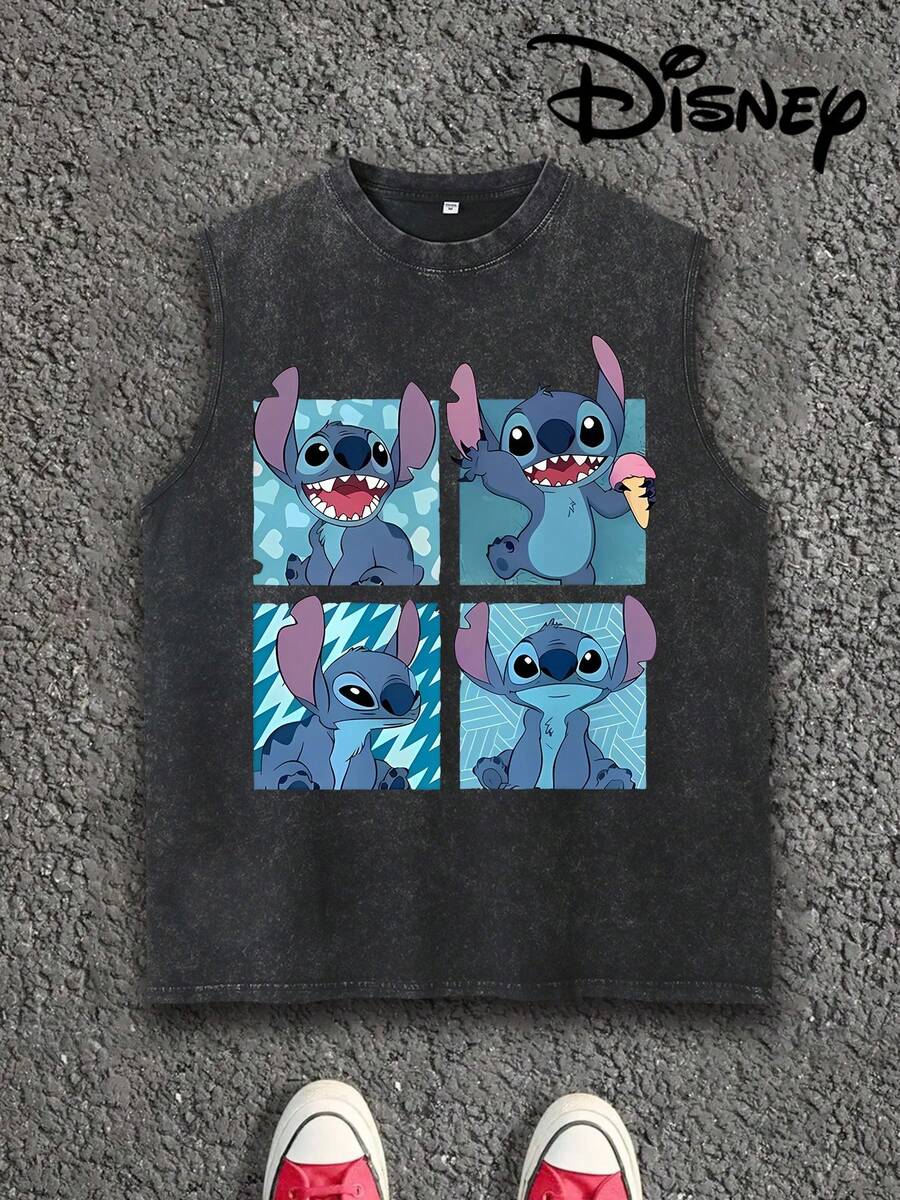 Disney Lilo & Stitch 4-Panel Stitch Moods Graphic Sleeveless T-Shirt, Vintage Washed Muscle Tank Top, Stitch Fans Gift Casual Top For Men/Women - màu đen - Xem 1