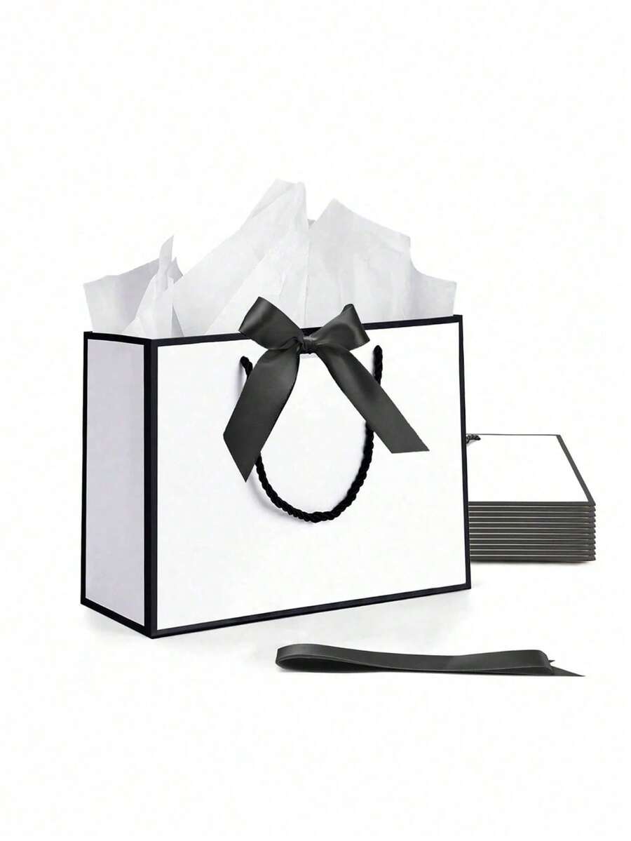 4件套礼品袋套装,包括1个礼品袋、1包薄纸、1张带丝带的卡片、1个带提手的手提袋、1个蝴蝶结装饰手提包,适合女孩、婚礼、派对、圣诞节、感恩节、新年、生日、情人节、伴娘、闺蜜聚会等场合。 - 白色 - 查看 1