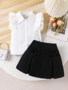2pcs/Set Young Girl' Cute Ruffle Trim Sleeveless Top And Bow Decor Skirt Set, Summer - Black - View 3