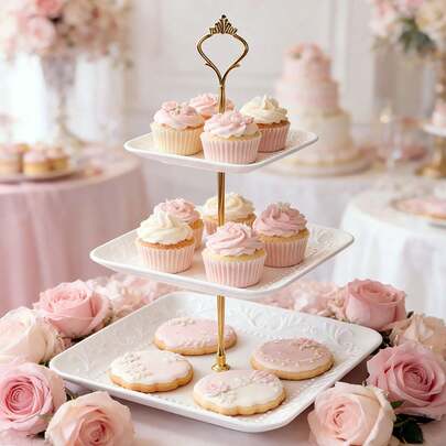 Vintage Embossed Square 3-Tier Dessert Stand, Plastic Cupcake Holder With Gold Rod, For Party Wedding Holiday Decor
