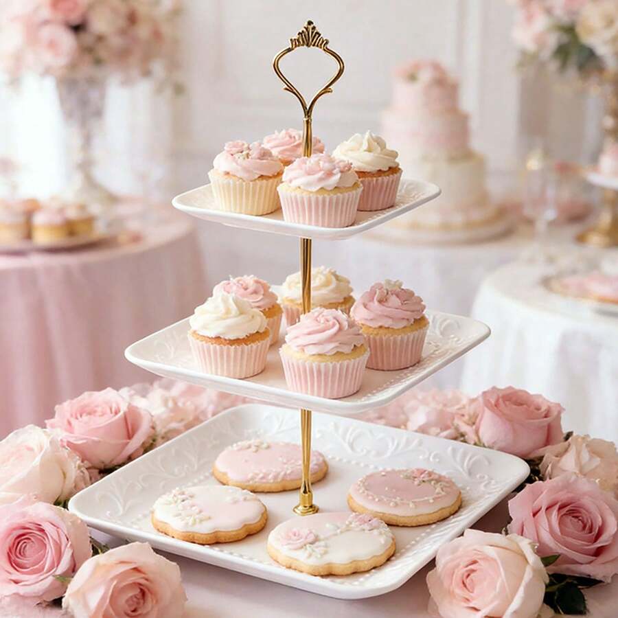 Vintage Embossed Square 3-Tier Dessert Stand, Plastic Cupcake Holder With Gold Rod, For Party Wedding Holiday Decor - View 1
