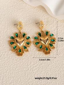 1 Pair Vintage Baroque Style Golden Heart-Shaped Faux Gemstone Dangle Earrings, Versatile Accessory For Formal Gowns, Banquets And Parties - Green - View 7