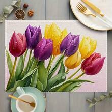 Set de 1/2/4/6/8 piezas de individuales con estampado digital de flores en estilo campestre, tamaño 30*45cm, adecuado para uso diario, festivales, fiestas, cumpleaños, bodas, cenas y decoración de cocina/comedor - Multicolor - Ver 4
