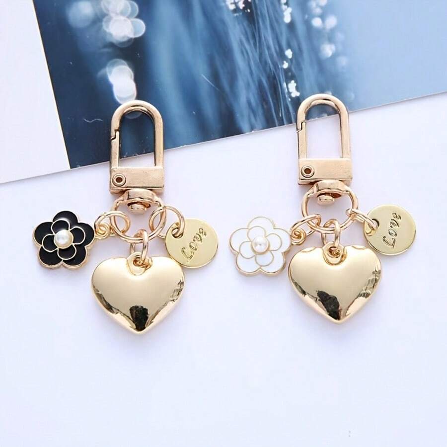 1pc Fashion Heart-Shaped Keychain Pendant, Cute Pearl Flower Letter Metal Accessory, Earphone Case Charm - Multicolor - View 1