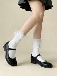 1/2/3/6 双装甜美百搭蕾丝边、编织、蝴蝶结洛丽塔中筒袜 - 彩色 - 查看 2