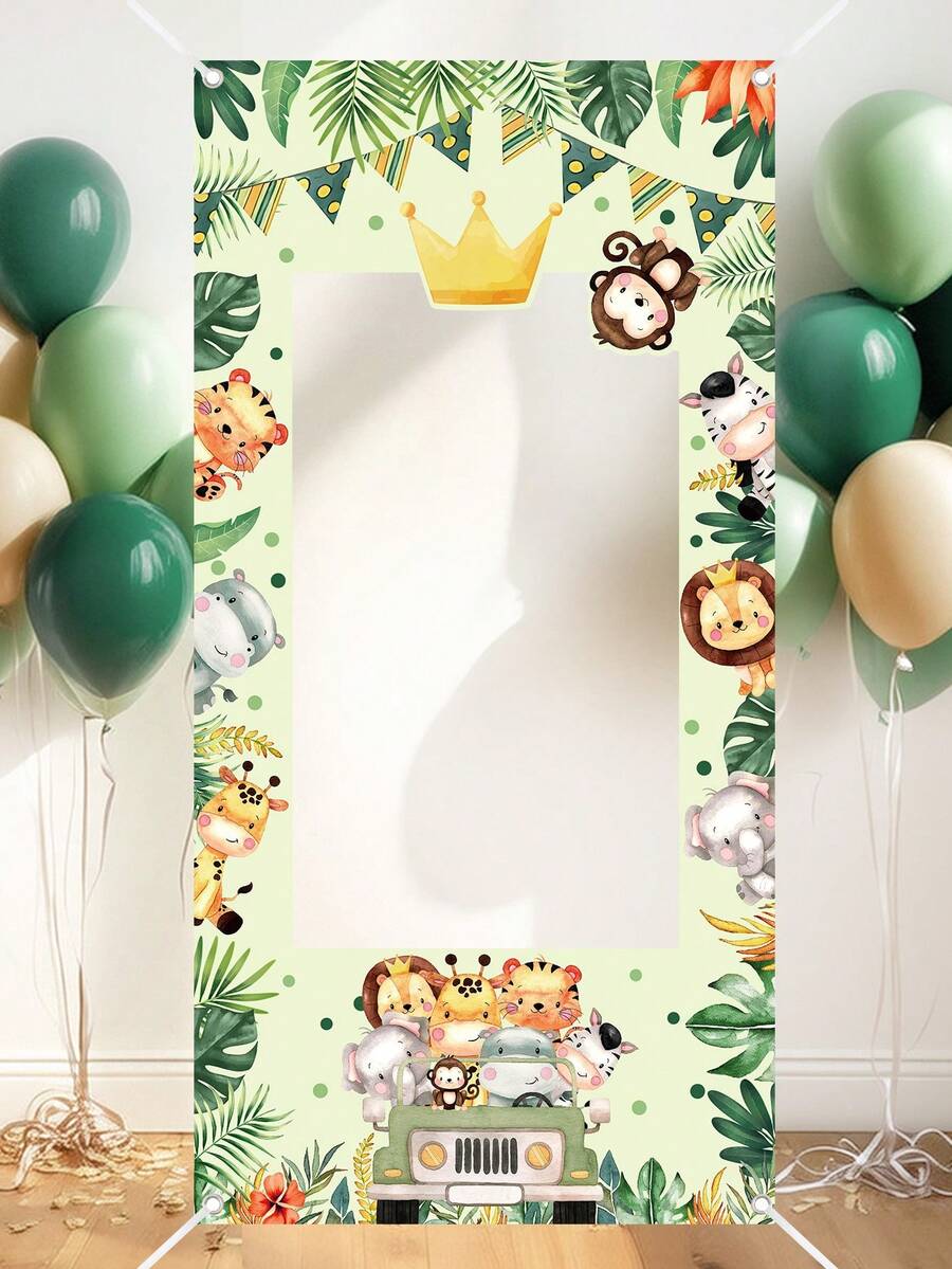 1件 120x60cm 叢林動物相框背景布，男孩生日派對用品，嬰兒洗禮派對拍照背景裝飾
