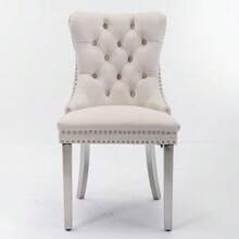 Nikki Modern High-End Collection Of Contemporary Quilted Velvet Upholstered Solid Wood Dining Chairs With Stainless Steel Legs And Rivet Decoration, Set Of Two Handles, Beige, DE1701BG - Beige - View 3
