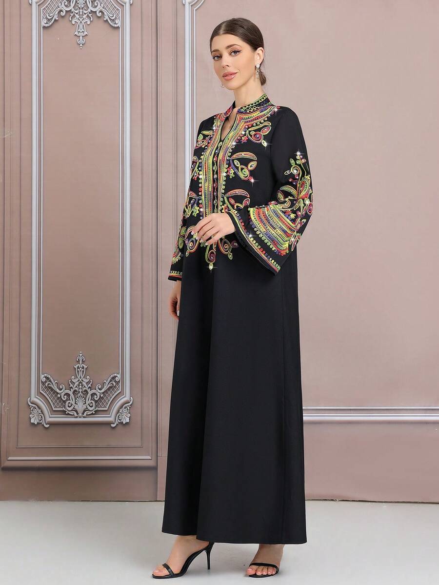 Black Embroidered Lightweight Middle Eastern Dubai 3D Oversized Pattern Rope Embroidery Rhinestone Elegant Dress