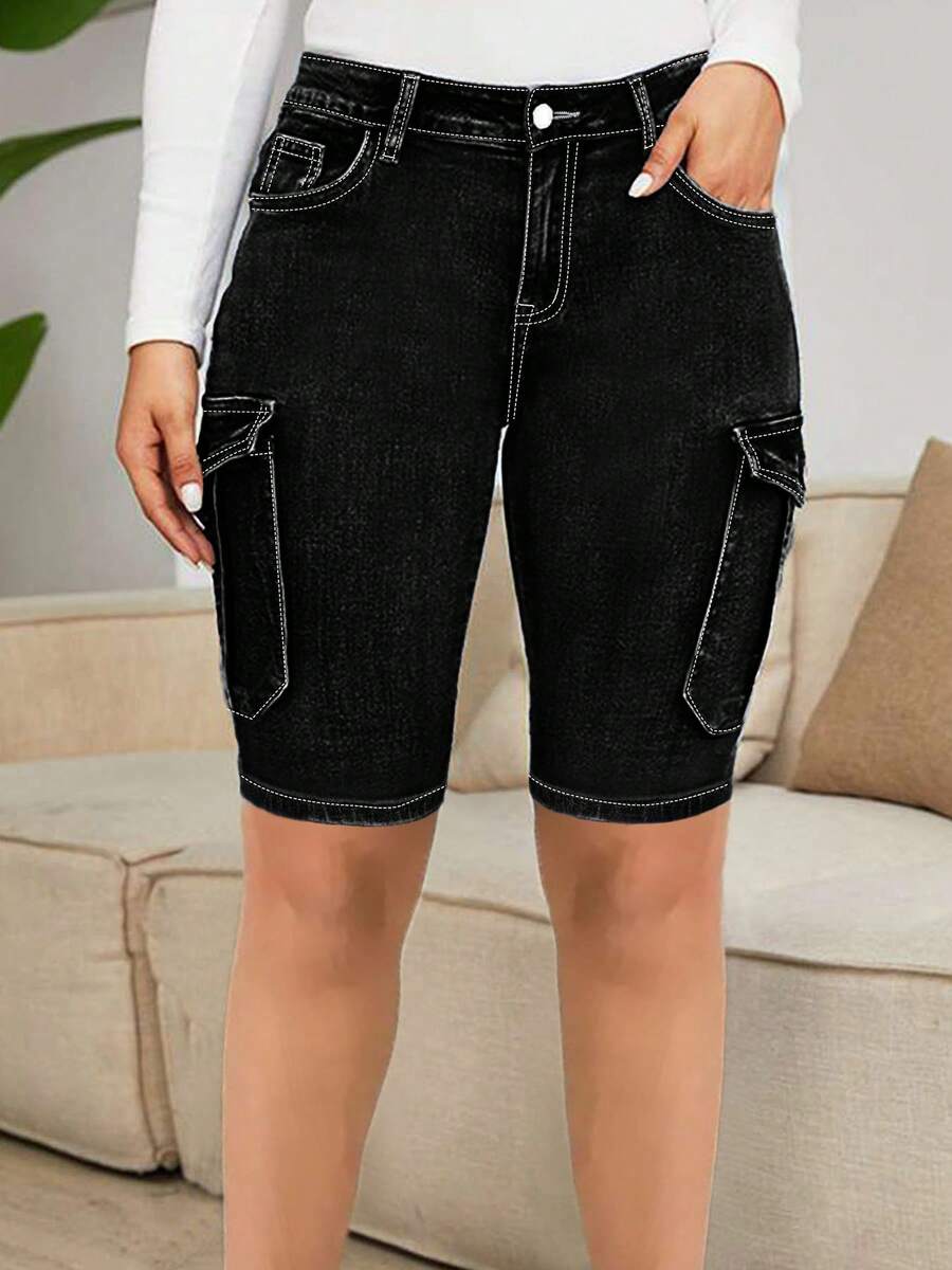 High Waisted Bermuda Jeans For Women, Cargo Denim Shorts Stretchy Butt Lifting Shorts With Multi-Pocket Design, Button Closure, Zipper Fly, Knee-Length Casual Bottoms For Daily Wear, Dating Looks, Travel,Sports,School - 黑色 - 查看 1