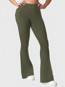 Women's Outdoor Pocket Bell Bottom Pants, Women's Tight Sports Yoga Pants, Casual Multi-Functional Solid Color Slim Fitting Work Pants, Hip Lifting Pants, Women's Classic Casual Sports Spring And Summer Styles - 橄欖綠 - 查看 6
