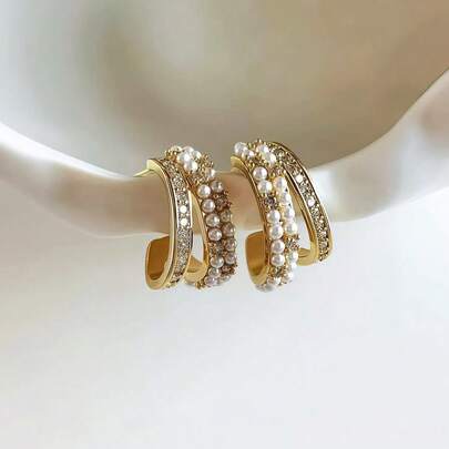 1对时尚C形双排珍珠耳环