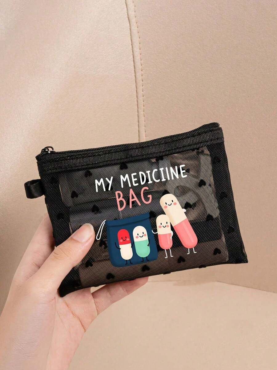 1个黑色心形迷你便携式网状药袋,带有药丸字母图案,急救包,医疗应急包,适用于户外和家庭使用 - 彩色 - 查看 1
