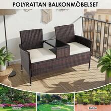 Polyrattan Garden Bench With Table, Balcony Furniture Set Of 2 With Soft Seat Cushions, Garden Furniture Set For Small Balconies, Weatherproof, UV-Resistant, Outdoor Bench For Patio, Garden - 棕色+米白色 - 查看 6