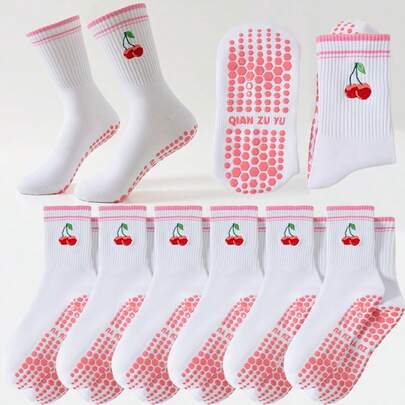 女士瑜伽防滑普拉提运动袜，四季皆宜，减震防滑，舒适透气，亲肤瑜伽运动袜，适合瑜伽、普拉提、健身、室内步行、体操和其他户外运动，可爱樱桃刺绣图案瑜伽中筒袜。