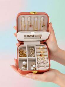 Portable Travel Jewelry Box, PU Leather Mini Jewelry Box With Mirror And Lock, Jewelry Storage Organizer For Earrings, Rings, Necklaces, Gift For Women - Multicolor - View 4