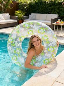 Inflatable Swimming Ring, Made Of High-Quality PVC Material, Transparent With Underarm Support, Daisy & Four-Leaf Clover Print Design, Adult Women's Model, Summer Vacation Casual Swimming Ring, Floral Pattern Design, Suitable For Photography In Water, Applicable For Vacation, Pool Parties, Beaches, Swimming Pools, Beach Essential, Beach Accessory, Swimming Pool Floating Ring - Multiple Styles - View 2