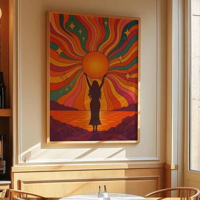 1 pezzo cartellone murale retrò bohémien con stampa della Dea del Sole | cartellone del tramonto psichedelico | Illustrazione dell'energia femminile divina | Opera d'arte in stile vibrante anni '70, arte da parete per la Festa della Mamma, adatta per camere da letto, soggiorni e studi, senza cornice