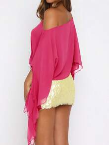 Women's Ruched Cape One Shoulder Poncho Double Layer Shrug See Through Flowy  Asymmetrical Neck Fitted Crop Top - Hot Pink - View 3