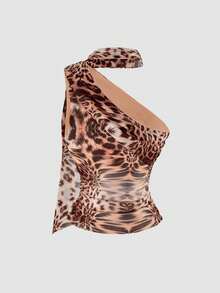 Áo croptop nữ gợi cảm phong cách Y2K Bohemian phương Tây họa tiết da báo, vai lệch, cổ yếm - Họa tiết da báo - Xem 2
